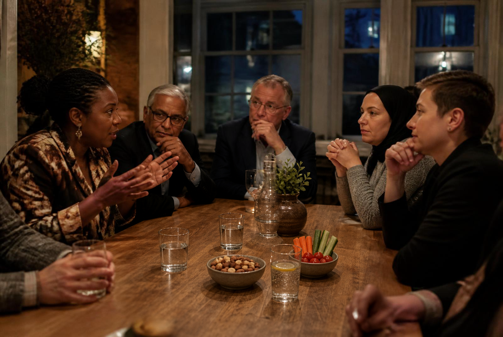 Gepassioneerd gesprek aan een lange tafel tijdens het diner